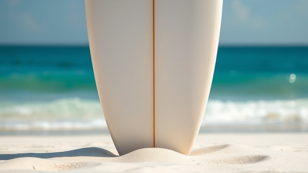 해변 모래사장에 세워져 있는 서핑보드의 측면 로커 곡률을 보여주는 장면