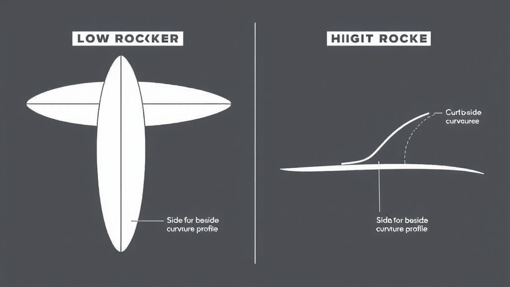 서핑보드의 측면 곡률을 비교하여 로우 로커와 하이 로커의 차이를 보여주는 도식