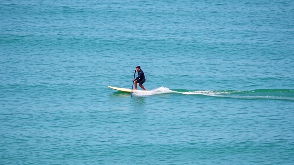 잔잔한 수면 위에서 낮은 로커의 보드로 효율적인 패들링을 하고 있는 서퍼의 모습