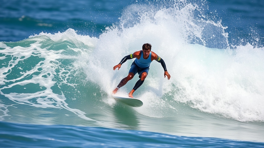 파도의 경사면에서 적절한 타이밍에 테이크오프를 시도하는 서퍼의 역동적인 모습