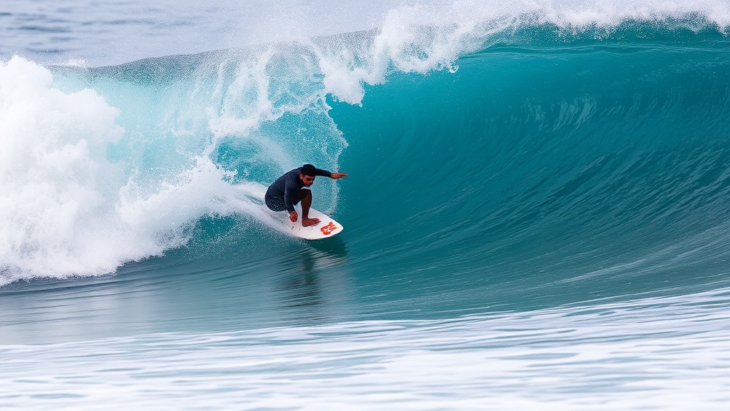 가파른 파도의 곡선과 서핑보드의 로커가 일치하며 안정적으로 활주하는 서퍼의 모습